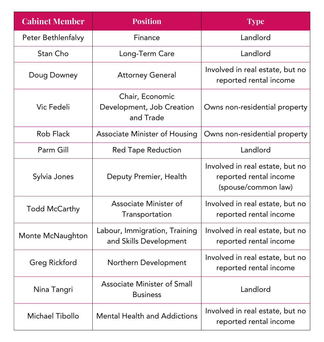 Cabinet Member Position Type Peter Bethlenfalvy Finance Landlord Stan Cho Long-Term Care Landlord Doug Downey Attorney General Involved in real estate, but no reported rental income Vic Fedeli Chair, Economic Development, Job Creation and Trade Owns non-residential property Rob Flack Associate Minister of Housing Owns non-residential property Parm Gill Red Tape Reduction Landlord Sylvia Jones Deputy Premier, Health Involved in real estate, but no reported rental income (spouse/common law) Todd McCarthy Associate Minister of Transportation Involved in real estate, but no reported rental income Monte McNaughton Labour, Immigration, Training and Skills Development Involved in real estate, but no reported rental income Greg Rickford Northern Development Involved in real estate, but no reported rental income Nina Tangri Associate Minister of Small Business Landlord Michael Tibollo Mental Health and Addictions Involved in real estate, but no reported rental income