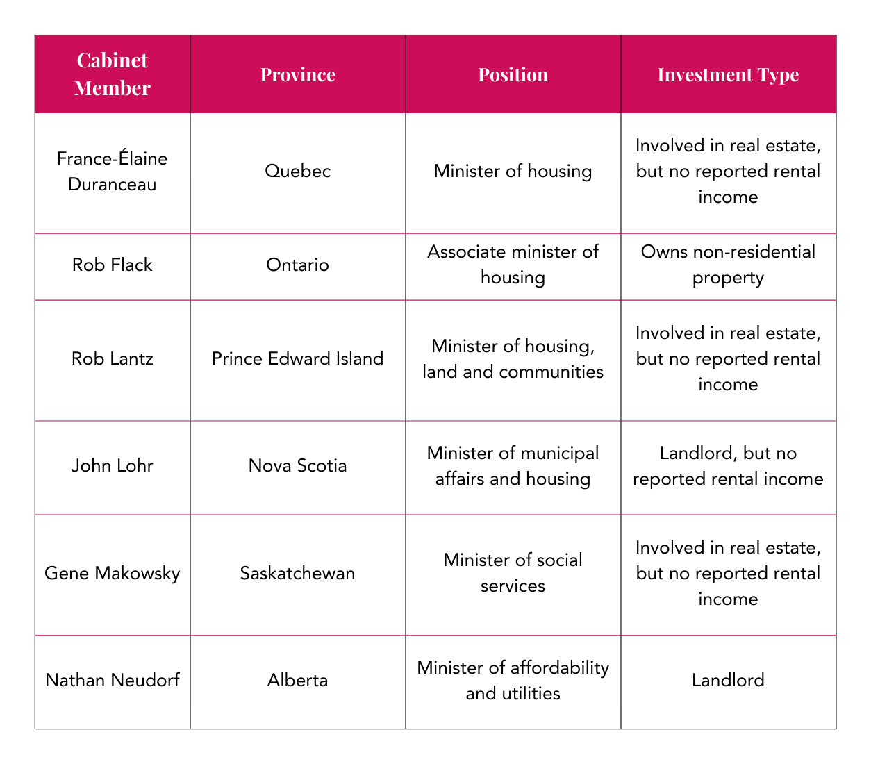 Cabinet Member Province Position Investment Type France-Élaine Duranceau Quebec Minister of housing Involved in real estate, but no reported rental income Rob Flack Ontario Associate minister of housing Owns non-residential property Rob Lantz Prince Edward Island Minister of housing, land and communities Involved in real estate, but no reported rental income John Lohr Nova Scotia Minister of municipal affairs and housing Landlord, but no reported rental income Gene Makowsky Saskatchewan Minister of social services Involved in real estate, but no reported rental income Nathan Neudorf Alberta Minister of affordability and utilities Landlord