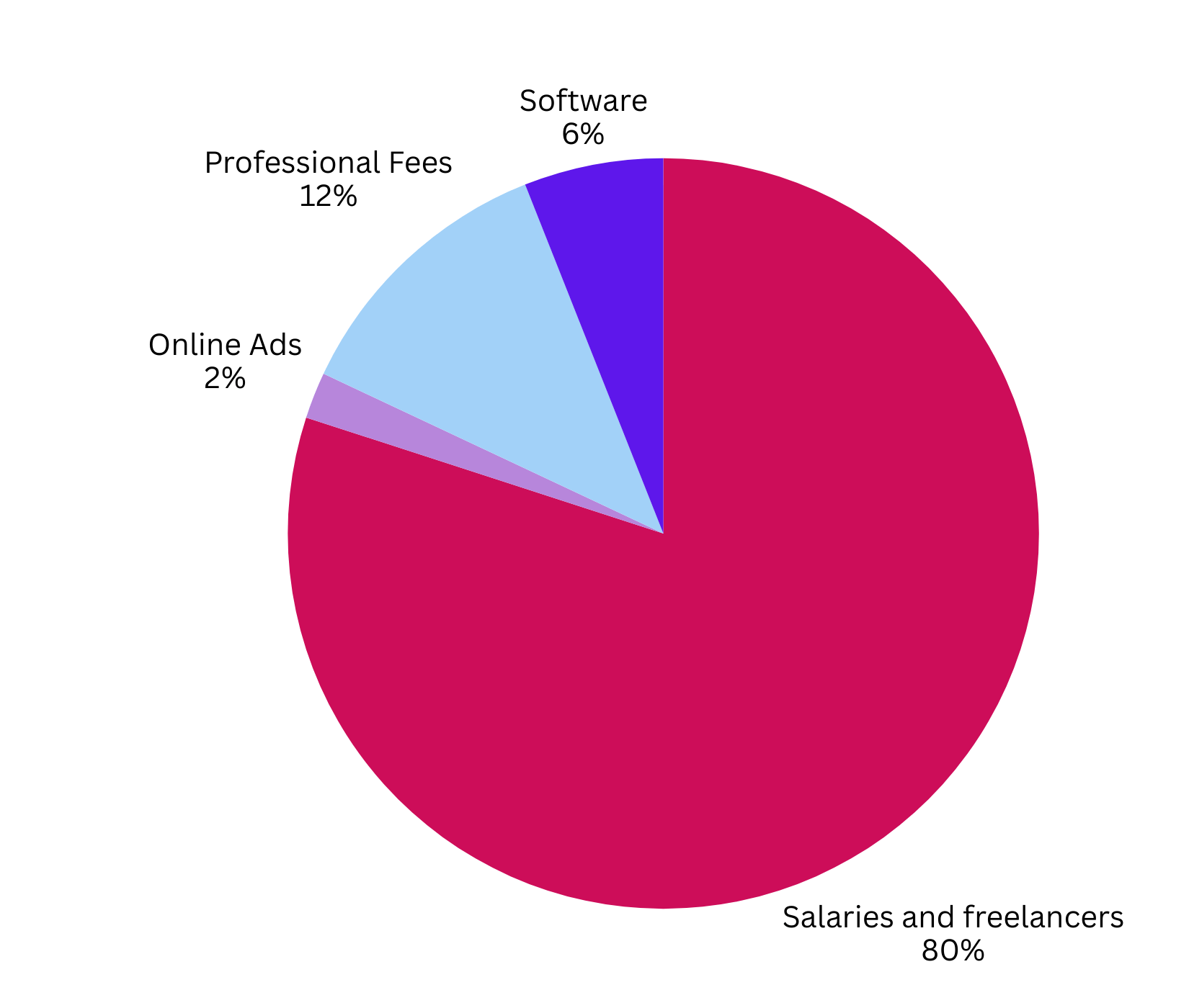 A pie chart showing the following: Salaries and freelancers - 80% Professional - 12% Software - 6% Online ads - 2%