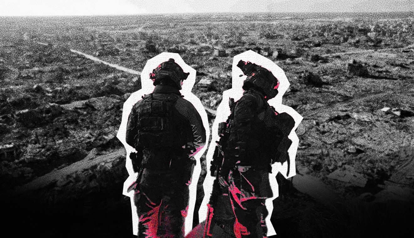 Graphic depicting soldiers looking at rubble of Gaza.