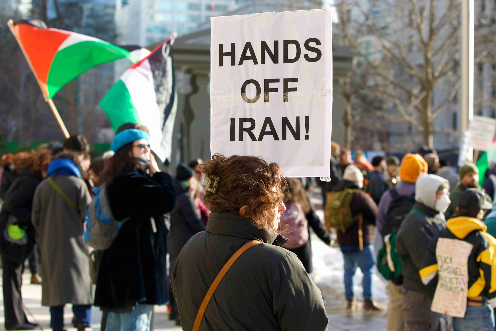 A person at a protest holding a sign reading "HANDS OFF IRAN!"