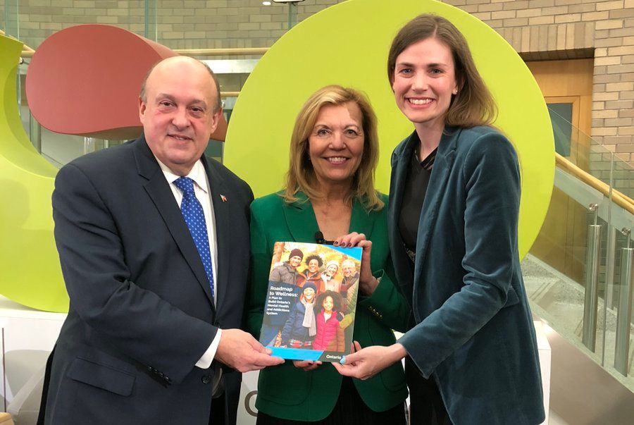 MPPs Lindsey Park, Christine Elliott and Michael Tibollo at the Roadmap to Wellness launch on March 3. Photo via Park’s Twitt